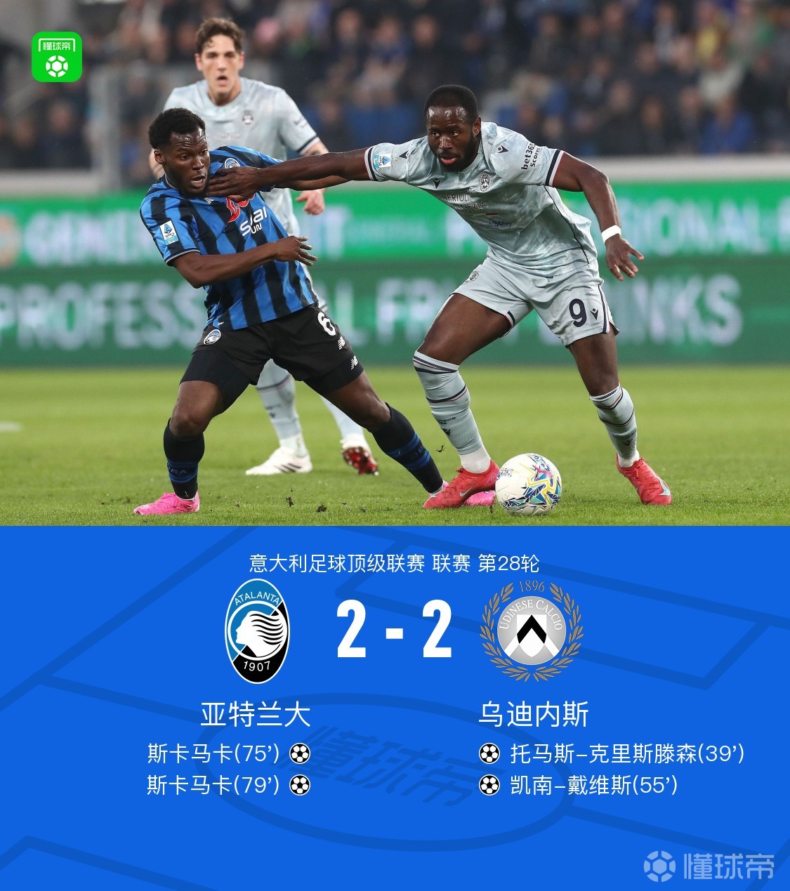 亚特兰大2-2乌迪内斯，克里斯滕森破门，斯卡马卡双响